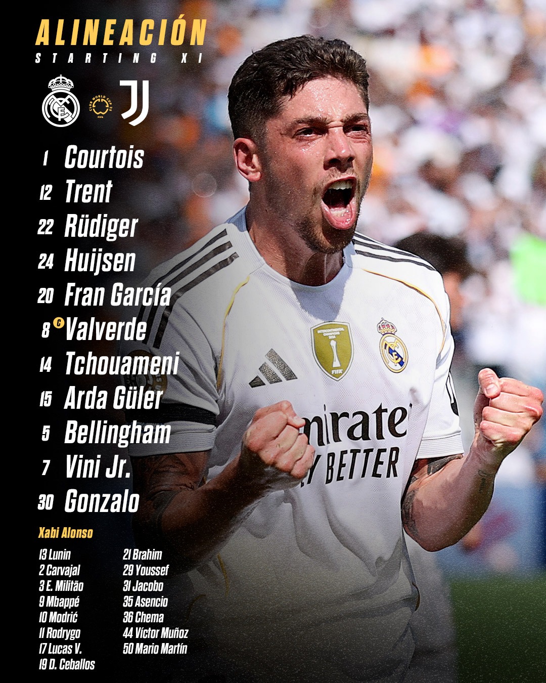 皇马vs尤文首发出炉：姆巴佩替补！维尼修斯、伊尔迪兹出战，贝林、阿诺德在列